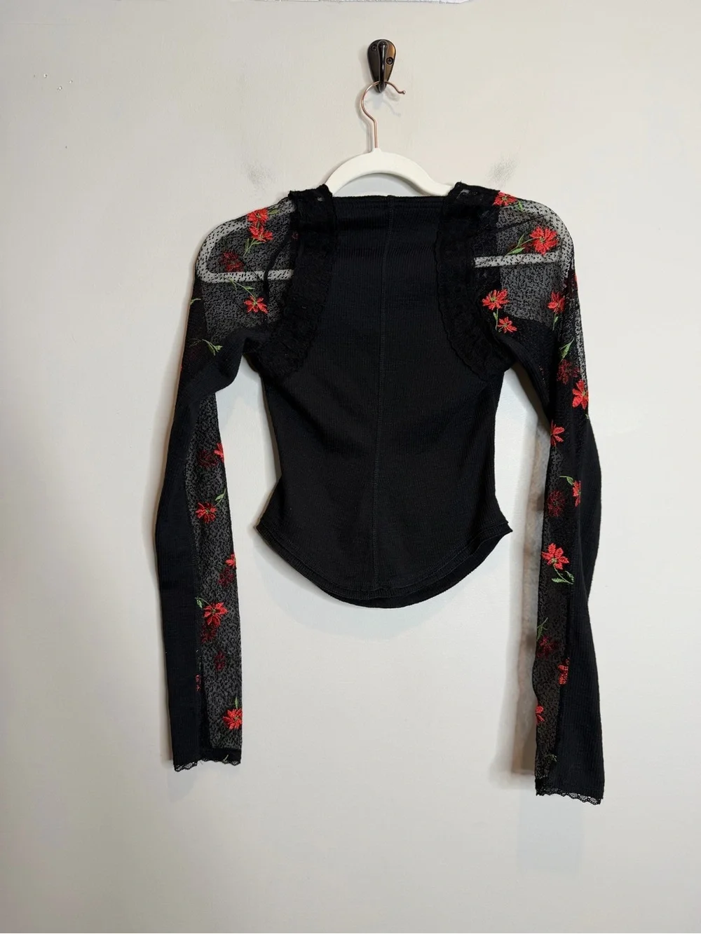 Free People Jolie Thermal Top XS Black Floral Mesh Lace Long Sleeve Boho